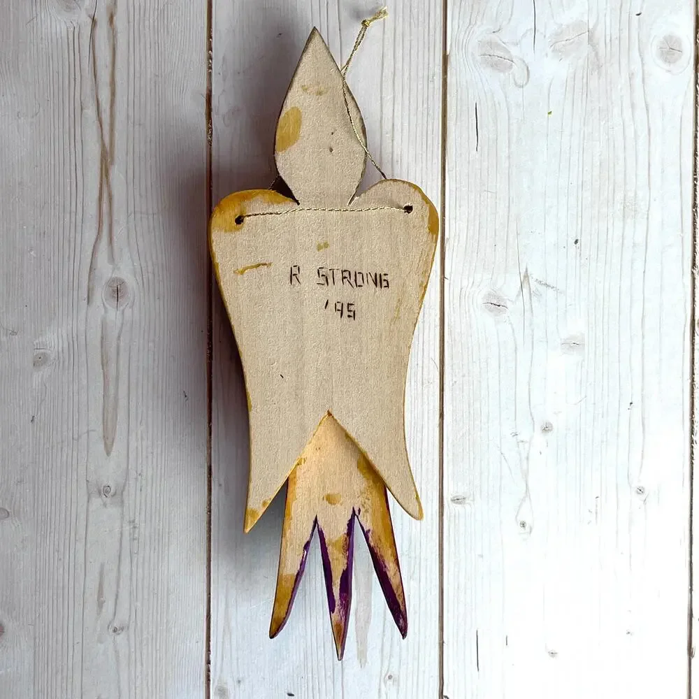 Handcrafted Wooden Angel Ornament Gold Painted Wings Purple Robe Horn Signed